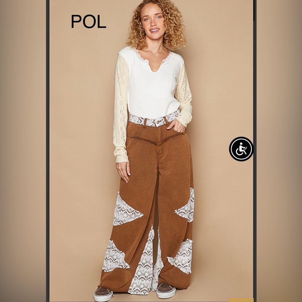 BPBPOL Women's Brown and White Lace Detail Pants w/wide legs+on trend style!